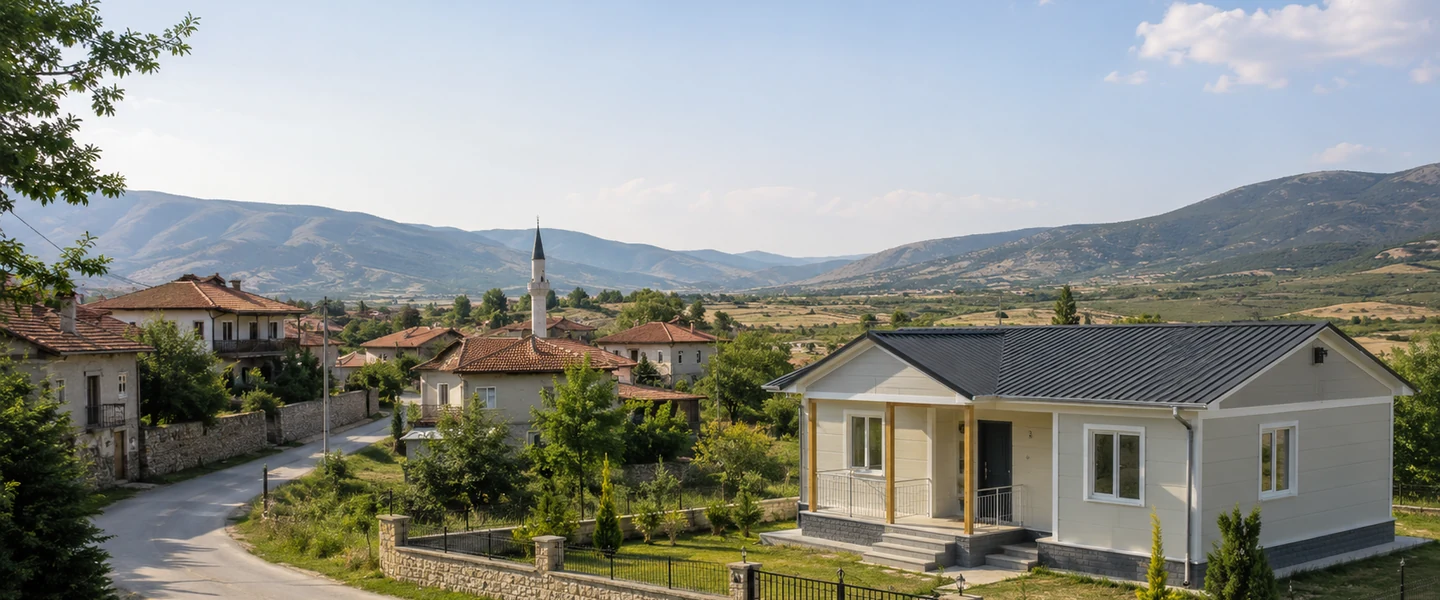 Anadolu köy yerleşimi içinde modern tek katlı prefabrik ev