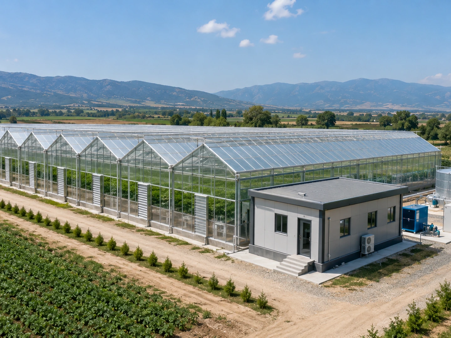 Modern kırsal yapı ve sera işletmesinde teknik/idari birim örneği